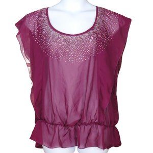 Lane Bryant Wine Sleeveless Sheer Rhinestone Studded Blouson Top Size 14/16 EUC